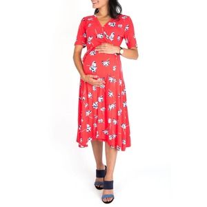 Nom Maternity Maya Maternity/Nursing Wrap Dress in Red Floral Size Large